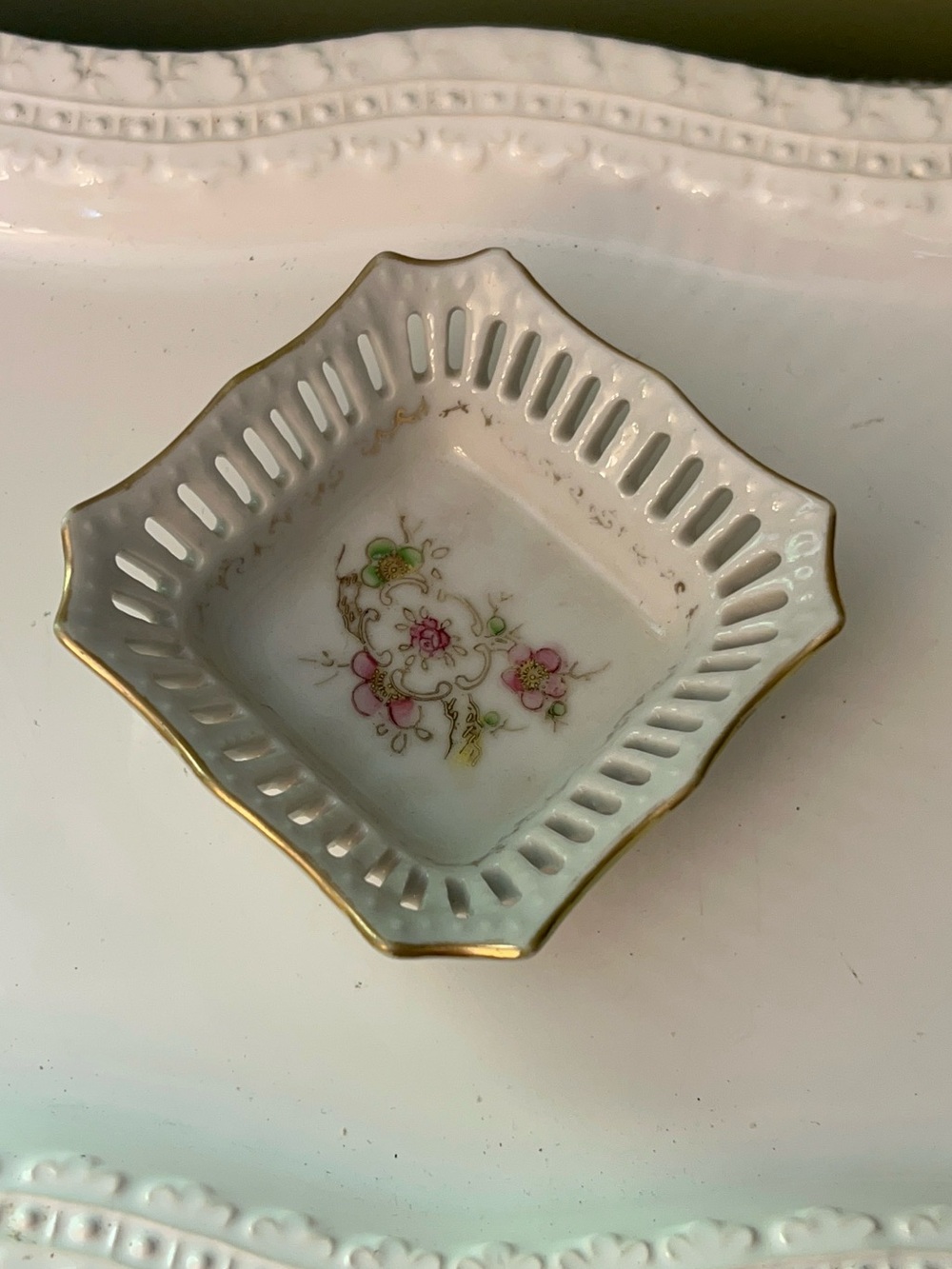 Vintage Floral Reticulated 4 inch Porcelain Trinket Dish